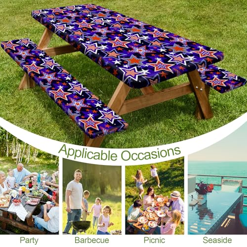Image of Picnic Table Cover with Bench Covers 6FT 3 Pcs Waterproof Windproof Aesthetic Camping Tablecloth with Drawstring Bag, Fitted for 6 Foot Rectangle Tables and Seats, 72 inch, Red Blue Stars