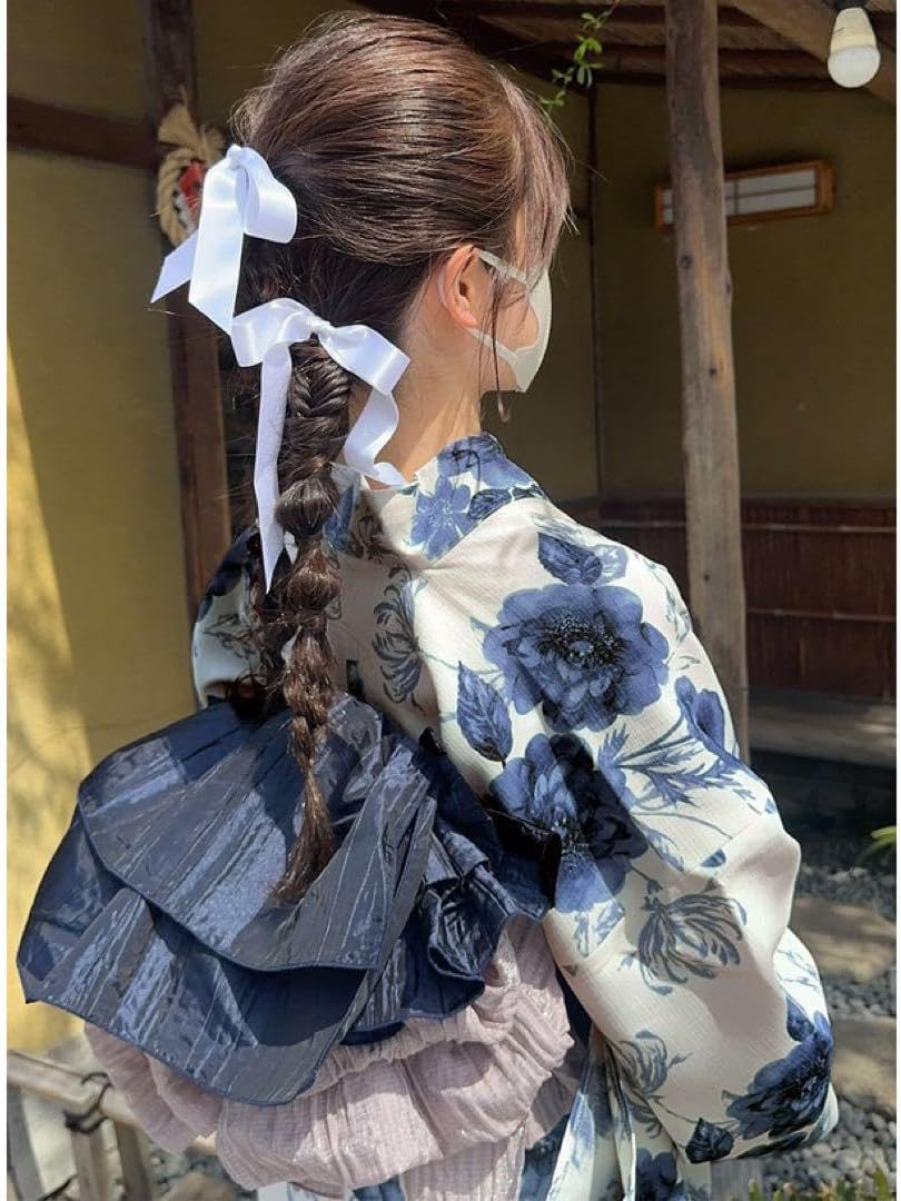 オトナ浴衣◇白地にブルーの水彩花柄 青系 清楚◇作り帯