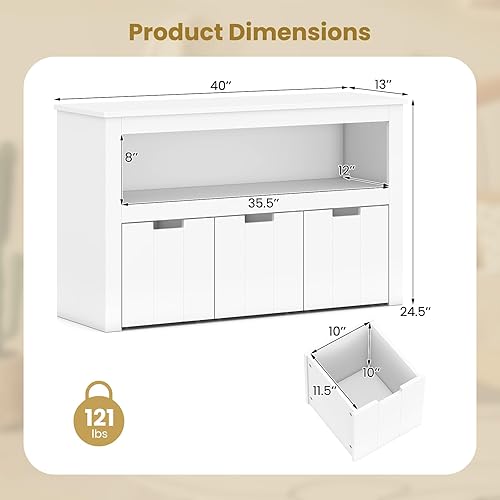 Miniatura 3 de Costzon Organizador de almacenamiento de juguetes con cajones, estante de madera para juguetes con 3 cajones extraíbles, ruedas giratorias y estante