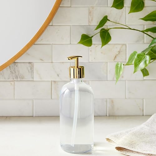 Miniatura 2 de Juvale Juego de dispensador de jabón de vidrio recargable, botellas transparentes de 16 onzas con bombas doradas, paquete de 6, dispensadores de