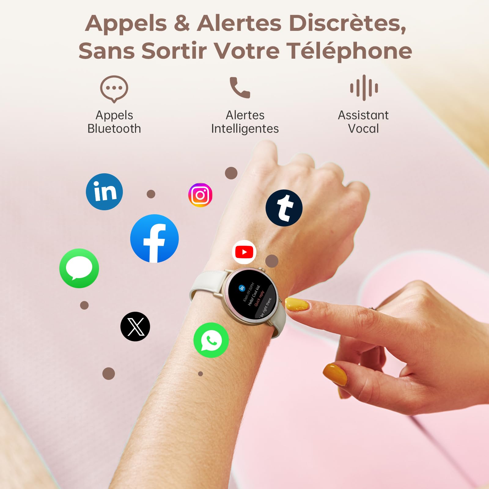 Montre Connectée Femme, 1,27'' HD Smartwatch Petit Poignet Ronde avec Cycle Menstruel/SpO2/Fréquence Cardiaque/Sommeil/Podomètre/100+ Modes Sportifs/IP68 pour Android iOS, Or Rose/Ivoire