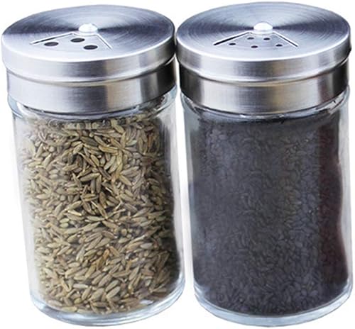 2 unidades de 3.4 fl oz de vidrio para sal y pimentero, latas de condimentos con tapa giratoria de acero inoxidable para utensilios de cocina en el