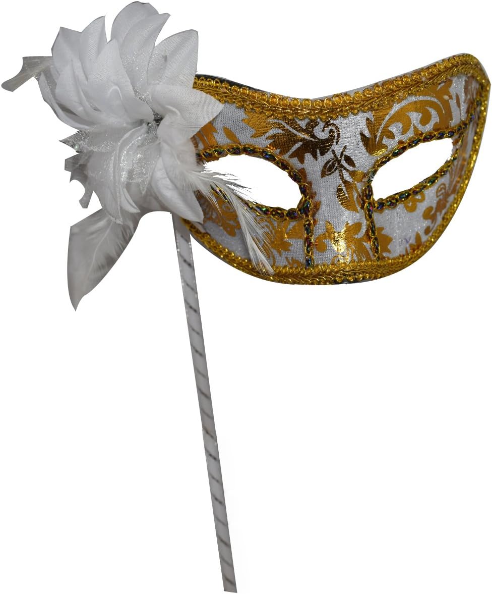 Woman's Christmas Halloween Black Purple Red White Feather Flower Plastic Masquerade Mask on Stick