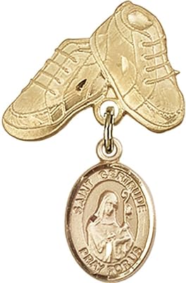 Gold Filled Baby Badge with St. Gertrude of Nivelles Charm and Baby Boots Pin 1 X 5/8 inches