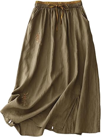 Cotton Linen Skirt for Women UK Summer A Line Maxi Skirts Elasticated Waist Boho Long Skirts Y2K Retro Vintage Embroidery Tunic Dress Elegant Casual Office Work Swing Skirts Khaki XL