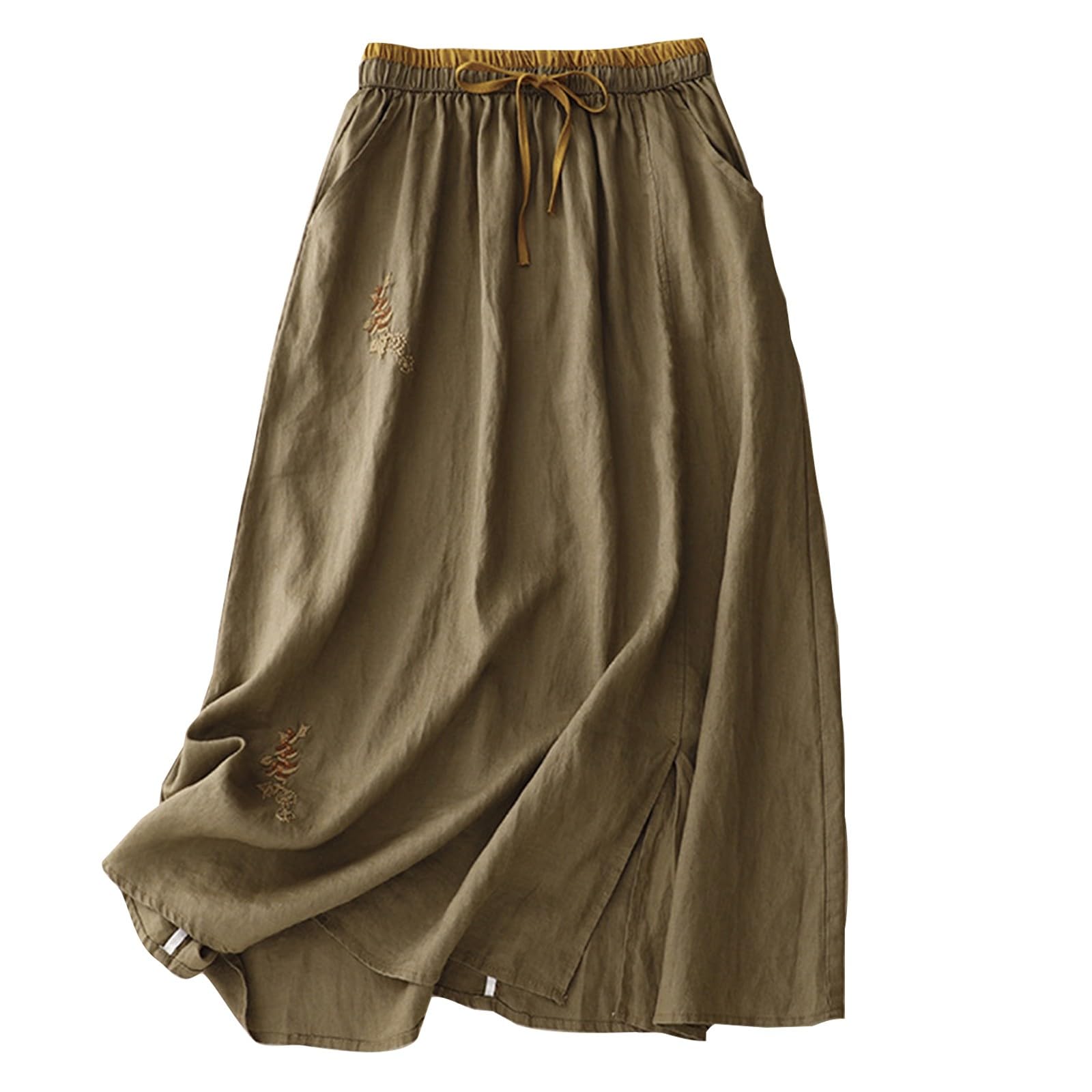 Womens Fall Skirt High Waisted A-Line Midi Skirts Loose Fit Casual Cotton Linen Vintage Below The Knee Skirts