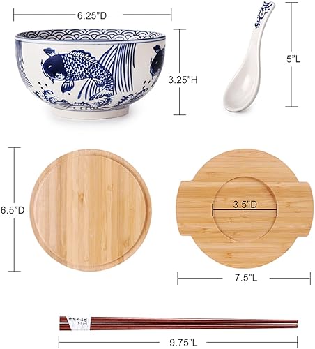 Miniatura 3 de Happy Sales HSKM-BLEKOI cuenco de ramen de fideos de arroz japonés Kamameshi con tapa de bambú palillos y cuchara de porcelana juego de cuencos azul