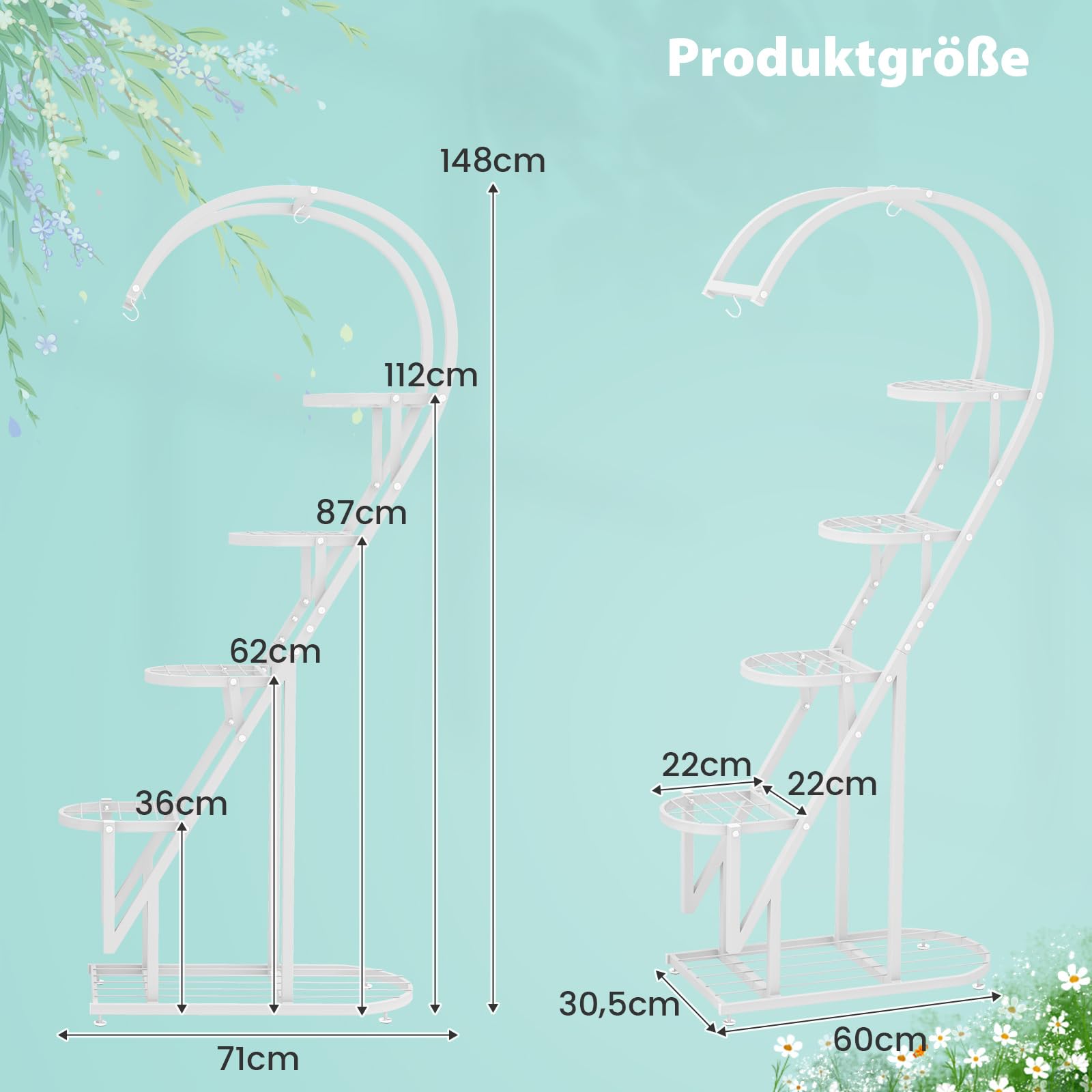 COSTWAY 5-stufiger Metall Pflanzenständer Herzförmig, Blumenregal mit Haken, Leiter Pflanzenregal Kippschutz, Pflanzenleiter Blumenständer, für Garten Balkon Wohnzimmer (Weiß)