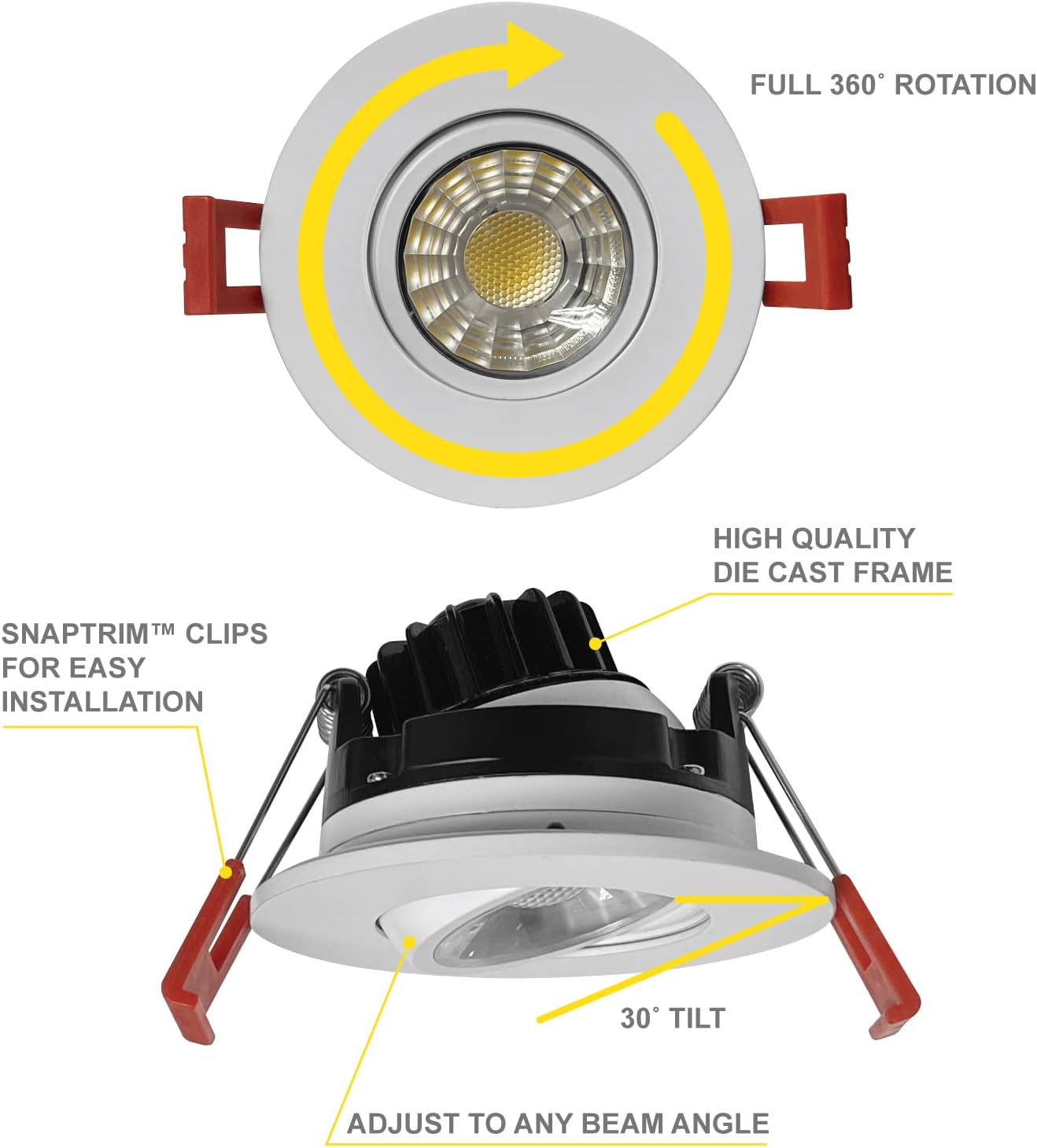 NUWATT 3 inch LED Recessed Gimbal Downlight (4 Pack) 8W, 600 Lumens, 120V, Dimmable | CCT Color Switch 27K, 30K, 35K, 40K, 50K All in 1, White Finish