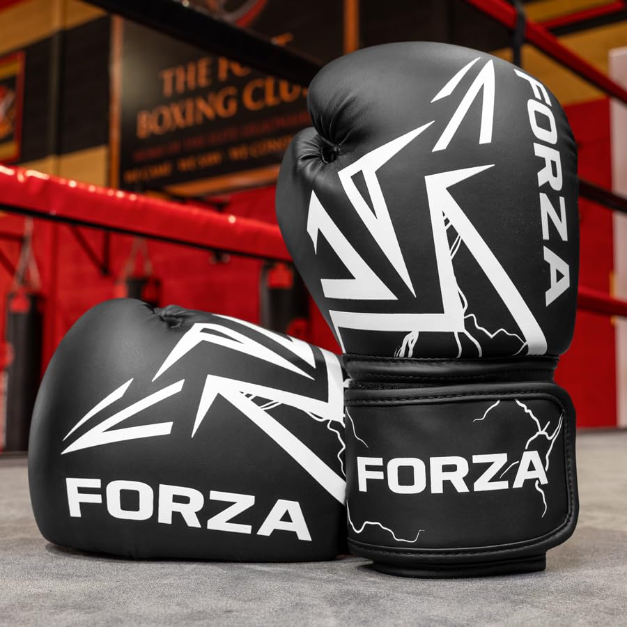 FORZA Boxing Gloves - Durable PU Leather Gloves with Layered Foam Padding for Optimal Comfort and Protection in Training (Black, 12oz (55-68Kg))