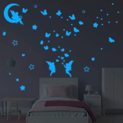 Miniatura 8 de Calcomanía de pared de hadas de fantasía que brilla en la oscuridad, decoración luminosa de mariposa lunar para dormitorio de niñas, decoración de