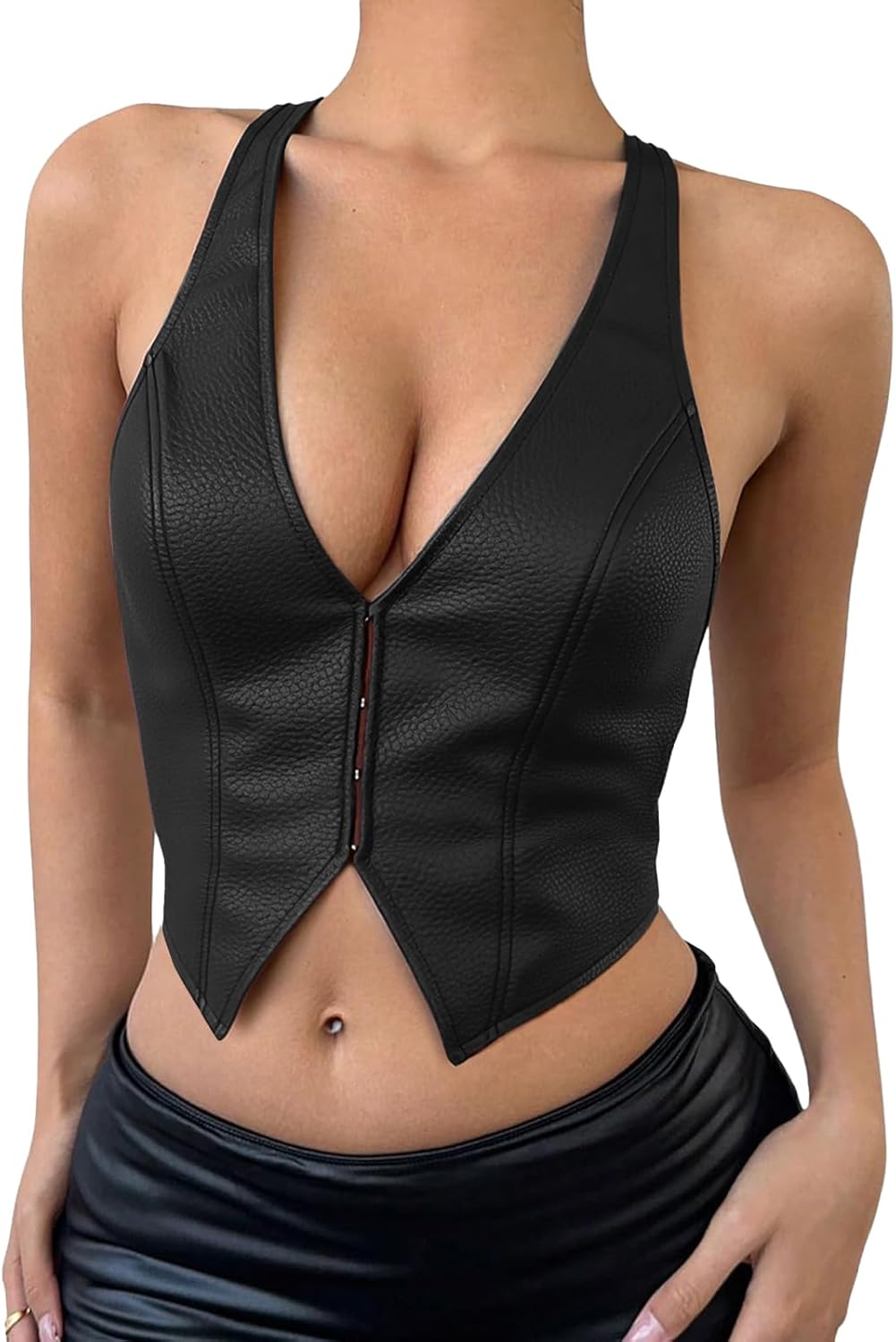 FEOYA Black Leather Halter Top for Women Sexy Deep V Neck Asymmetrical Vest Corset Party Clubwear