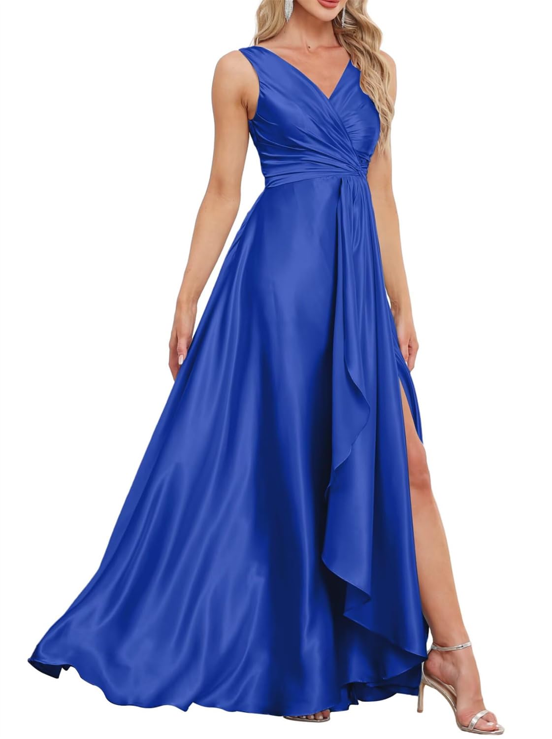 Hppee Women's Royal Blue Satin Bridesmaid Dresses With Slit For Sleeveless Formal Evening Dress Floor Length Prom Gown Uk16
