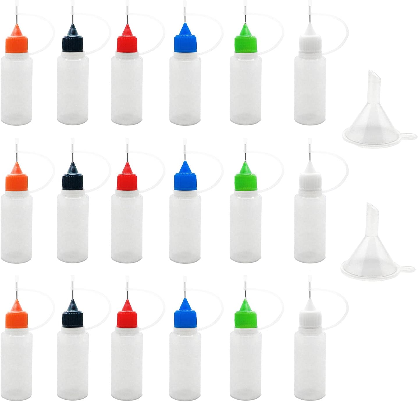 18 Pcs Precision Tip Applicator Bottles, 0.5 Ounce Translucent Glue Bottles, with 2 Funnel for Paper Quilling DIY Craft, Multicolor Lids