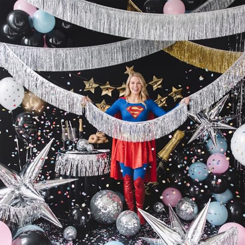 Image of Premium Silver Fringe Tinsel Garland for Party Decorations -4 Layers Thick, 2 Pack | LILF Foil Metallic Tinsel Banner Party Streamers for Wedding Birthday Christmas Decoration Home Hanging Decor