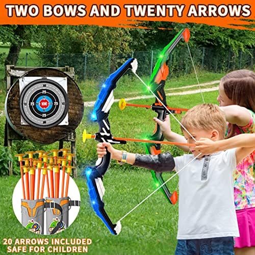 Doloowee Bow and Arrow Set Toy with LED Lights, Set Includes 2 Bow, 2 Quiver, 20 Suction Cups Arrows Target, Indoor and Outdoor Game for 3 4 5 6 7 8-12 Years Old Boys Girls Toys