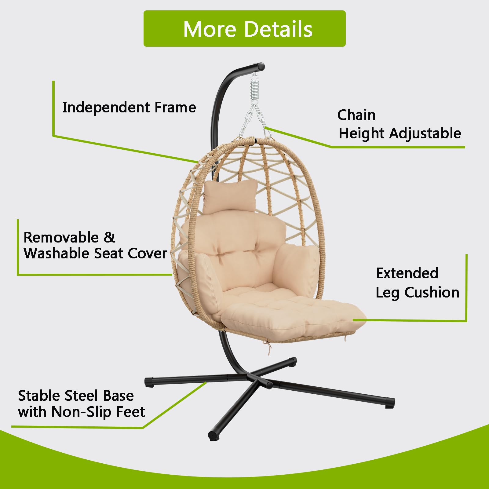 Silla Colgante con Estructura, Silla Colgante Huevo con Reposapiés, Desmontable Cojines Gruesos, Sillon Colgante para Interior & Exterior, Egg Chair Jardín, Balcón, Terraza, Hasta 150 kg - Beige