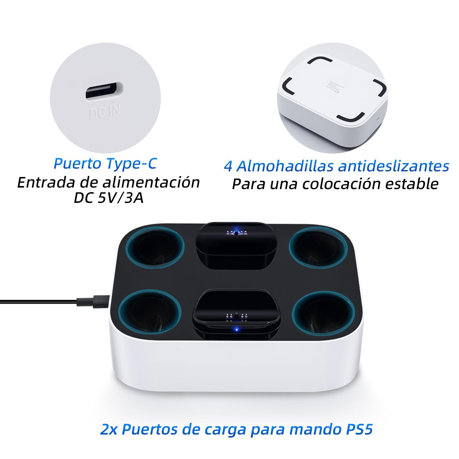 Cargador Mando para PS5, Base Estación de Carga para Accesorios de Mando para PS5 con Indicadores Luminosos LED/Carga rápida/Protección contra Cortocircuitos