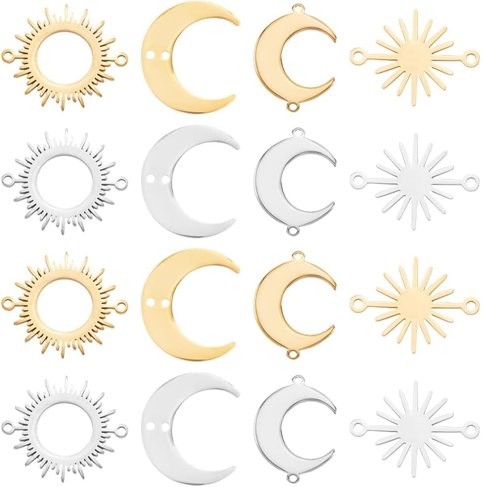 SUNNYCLUE 1 Box 32Pcs 8 Styles Moon Connector Charms Sun and Moon Charms Bulk Gold Silver Stainless Steel Hollow Crescent Connectors Pendants for Jewelry Making DIY Links Craft Supplies Earrings