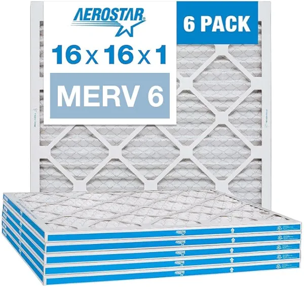 Aerostar 16x16x1 MERV 6 Pleated Air Filter, AC Furnace Air Filter, 6 Pack (Actual Size: 15 3/4"x15 3/4"x3/4")