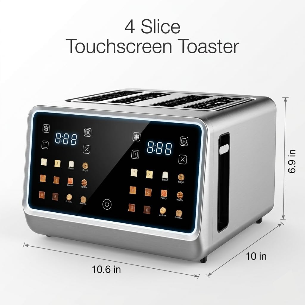 4 Slice Touch Screen Toaster with LCD Display Stainless Steel Digital Toasters 6 Bread Types& 6 Shade Settings Smart Extra Wide Slots Toaster With Bagel Cancel Defrost Reheat Functions