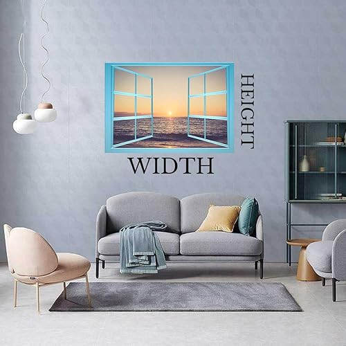 Miniatura 2 de Sea and Sky Beach Scenery Pegatinas para Pared De Cuarto,Window Frame Wall Decal Boho Fake Garage Windows Garage (W)35.4"X(H)27.5"