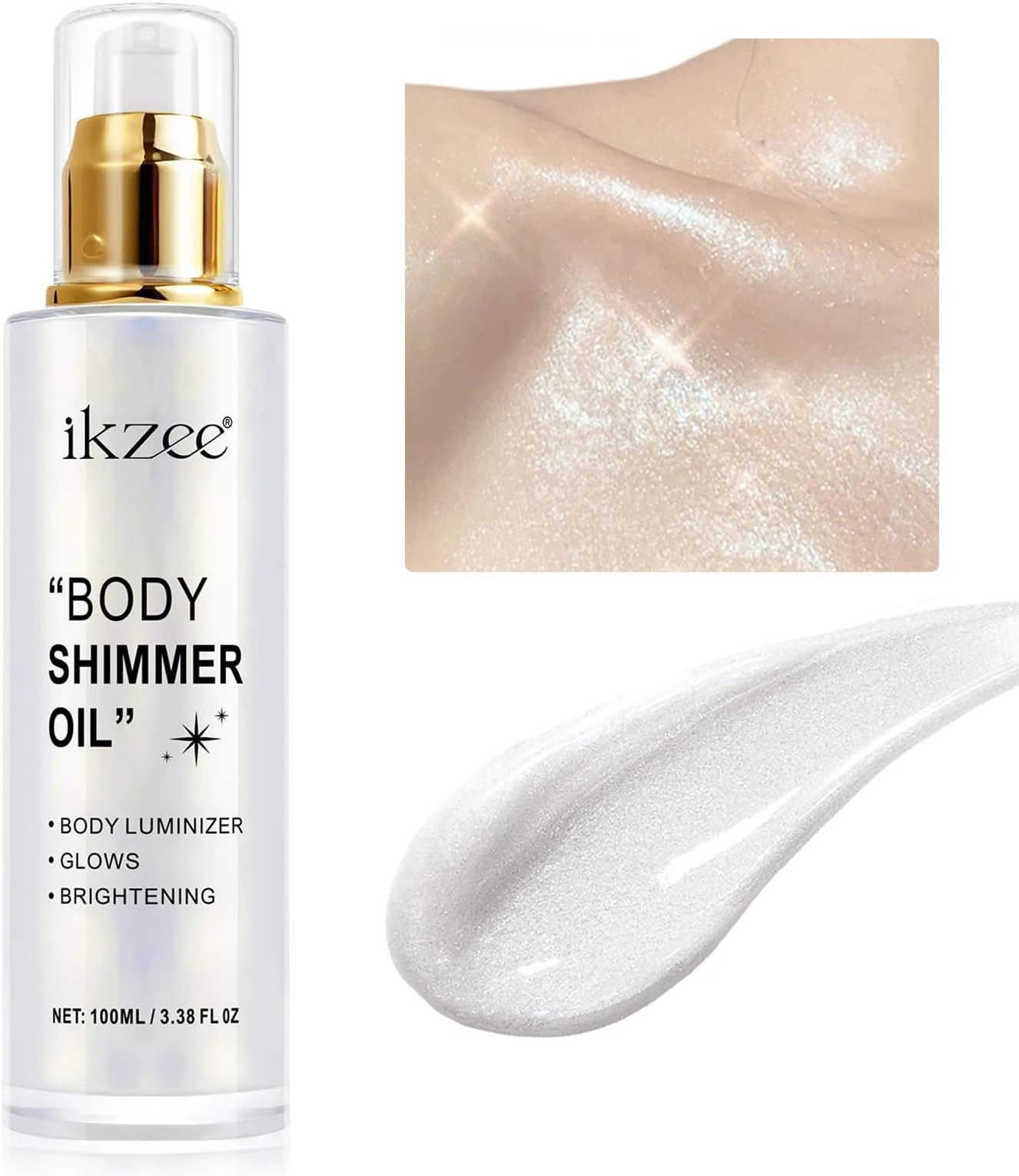 Body Glow Shimmer Oil 100ml, Moisturizing Long Lasting Face Brightener, Waterproof Liquid Illuminator, Highlighter for Summer Tanning (#01 Silver)