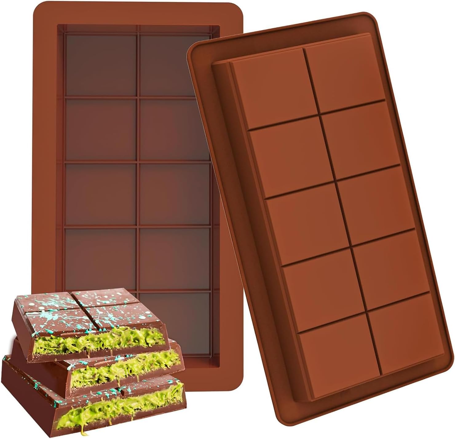 Lonimia Deep Chocolate Bar Molds,2 Pack Large and Thick Silicone Chocolate Bar Molds for Stuffed Bar, Big Chocolate Candy Bar Mold for Filling Pistachio Chocolate Bar