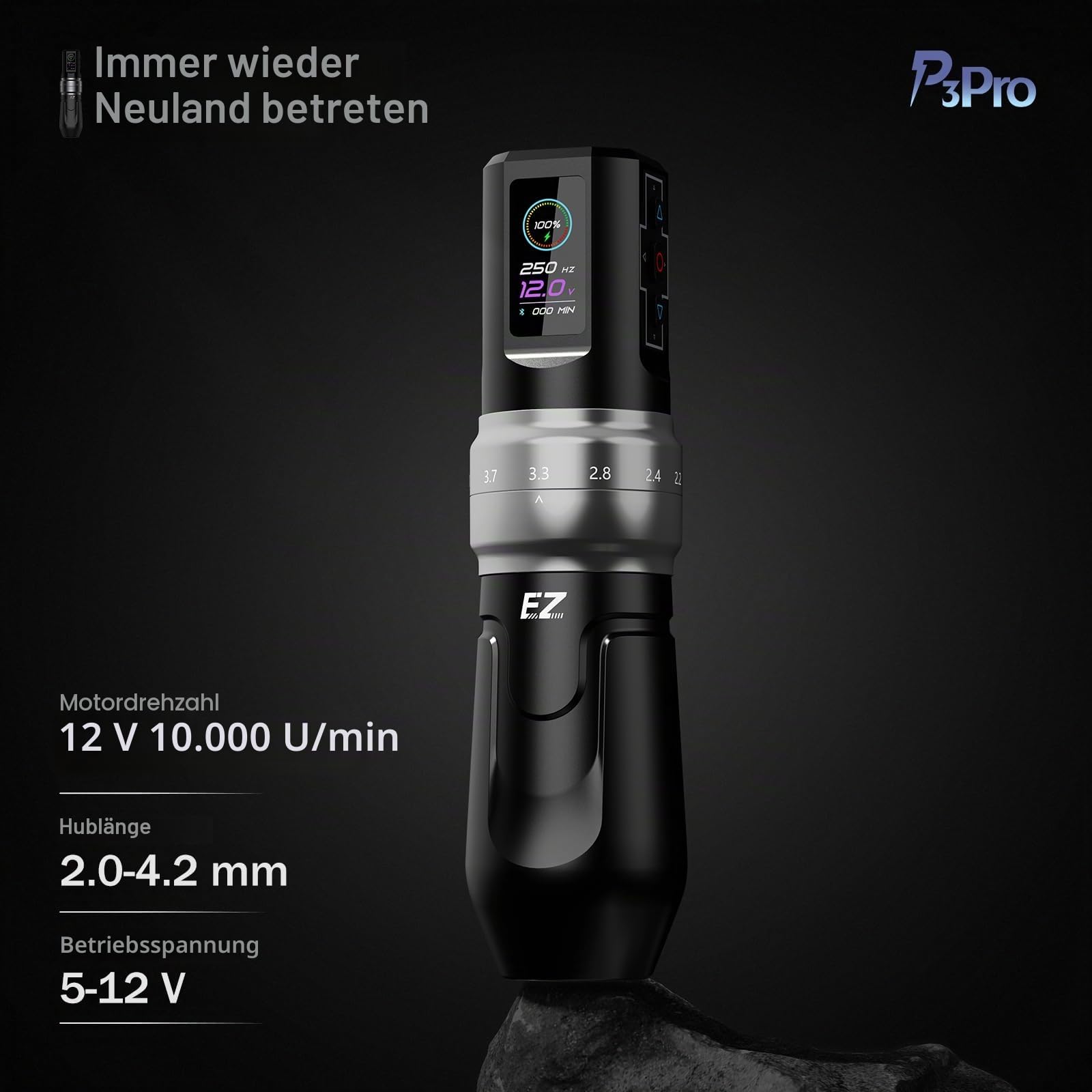 EZ P3 Pro Drahtlose Tattoo Maschine - 6 Anschläge 2.0, 2.4, 2.8, 3.3, 3.7, 4.2mm Bluetooth Tattoo Maschine mit OLED Digitalanzeige 1600mAh Akkuleistung (Mattes Schwarz)