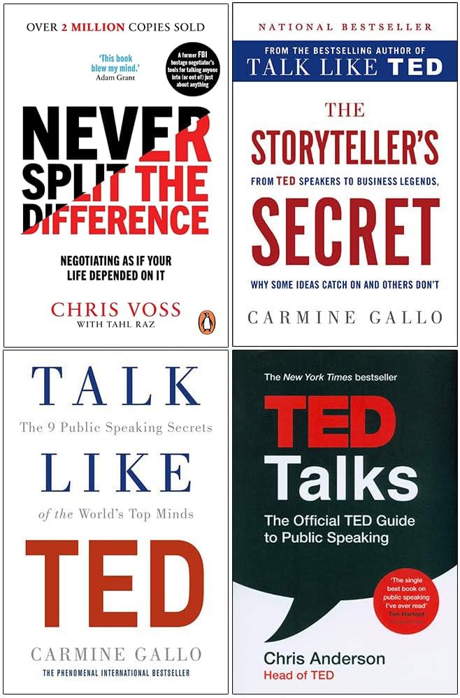Never Split The Difference, The Storyteller's Secret, Talk Like TED, TED Talks 4 Books Collection Set