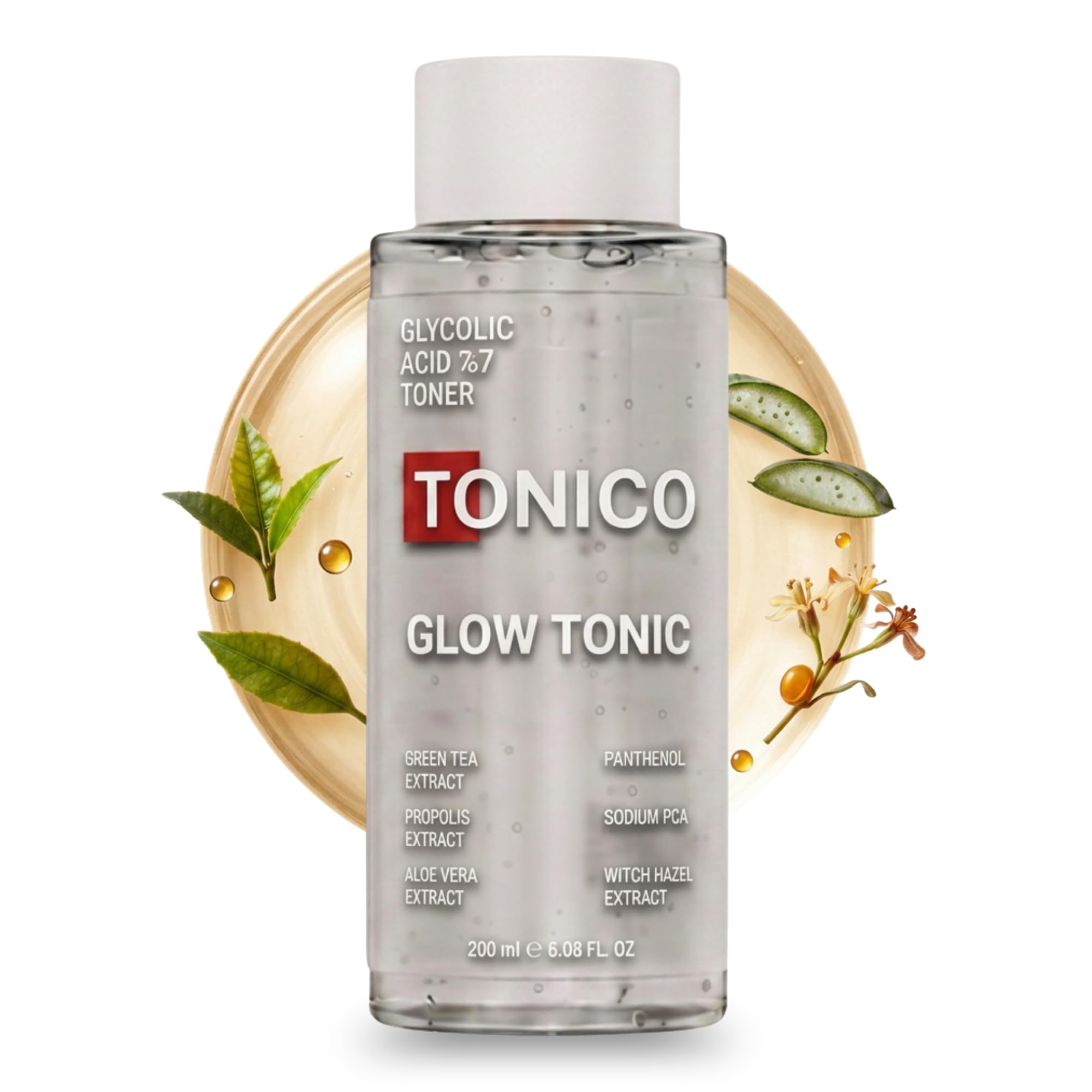 Tonico Glycolic Acid 7% Exfoliating Glow Toner for Face & Body | Pore Minimizer, Strawberry Legs, Dark Spots & Skin Brightening | Witch Hazel, Aloe Vera, Green Tea | 6.76 fl oz