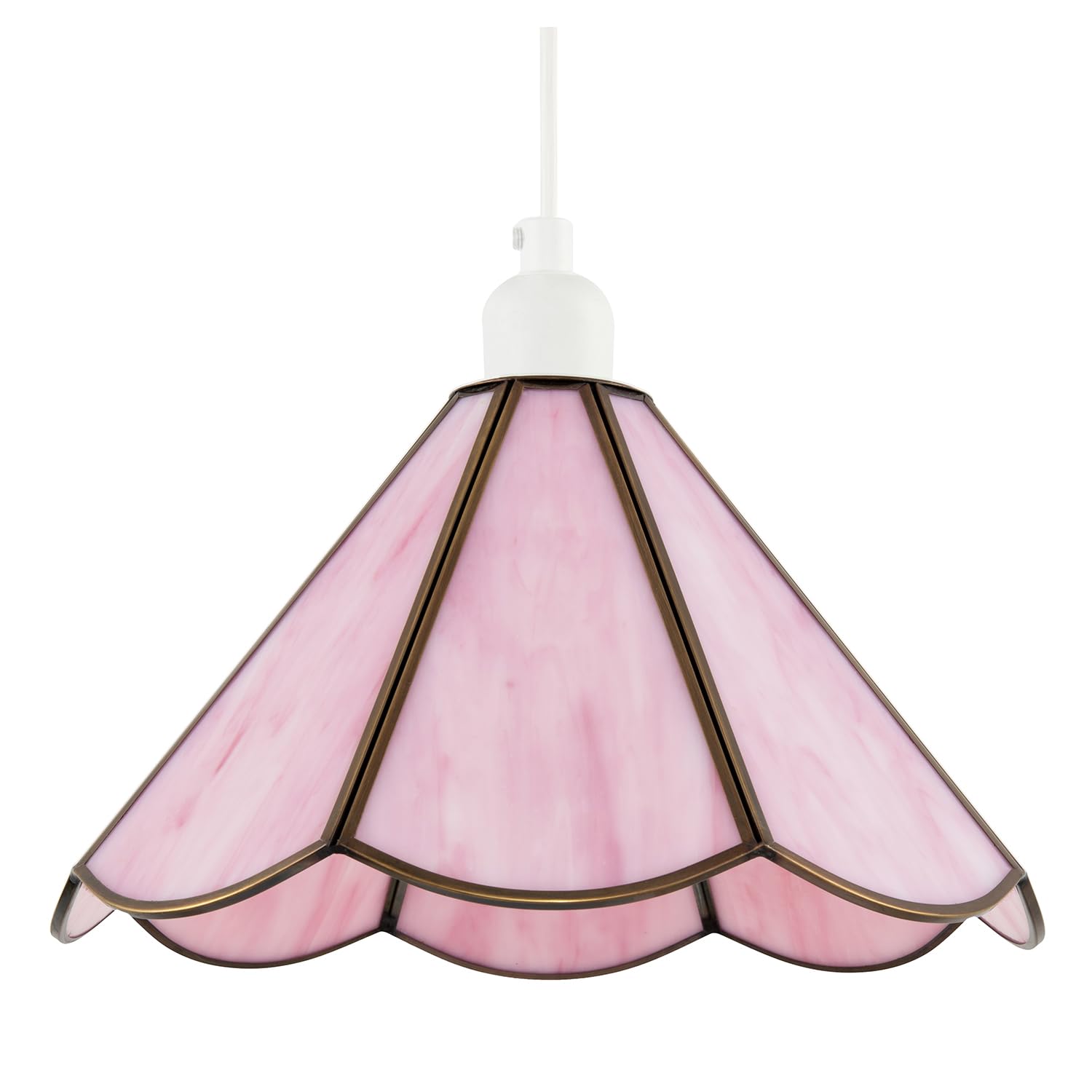 Happy Homewares Pink Classic Soft Blush Tiffany Glass Easy Fit Pendant Lighting Shade | 30Cm X 17Cm | Rustic Antique Brass Metal Trims By