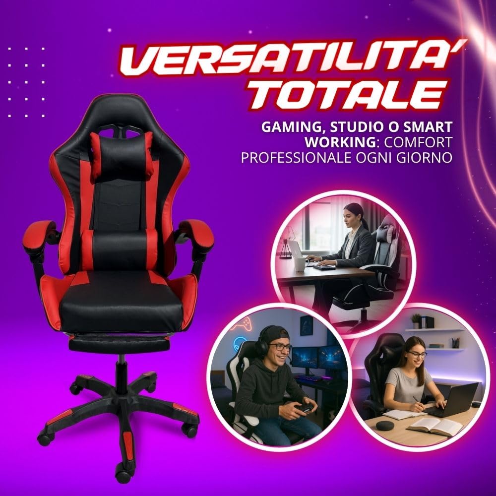 Sedia Gaming Ergonomica Reclinabile fino a 135°, con Poggiapiedi, Supporto Lombare e Poggiatesta, Rotazione 360°, Pistone a Gas, Pelle Sintetica Nera – Sedia Gaming Rosso/Nera