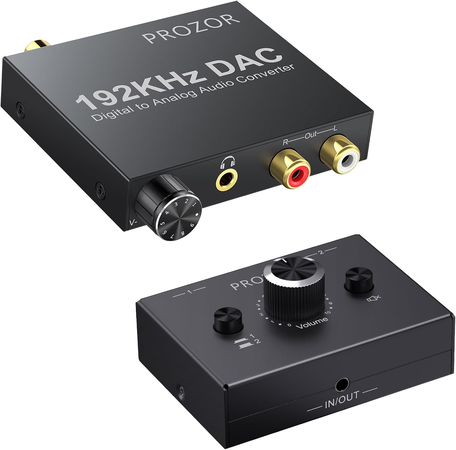 PROZOR 3.5mm Audio Bi-Directional Switcher 2(1)-in-1(2)-Out + 192KHz Digital to Analog Audio Converter - Upgrade Volume Adjustable Optical to RCA Converter with Optical & USB Power Cable