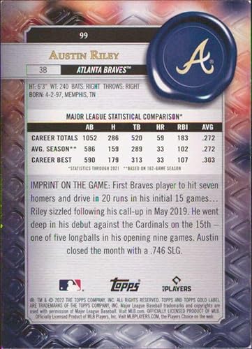 Miniatura 2 de 2022 Topps Gold Label Class 1#99 Austin Riley Atlanta Braves Baseball Card - GotBaseballCards