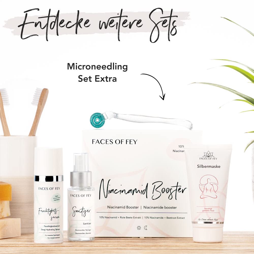 FACES OF FEY Derma roller 0,75 mm, prawdziwe igły, serum niacynamidowe i dezynfekujące – czysta skóra i pryszcze w domu