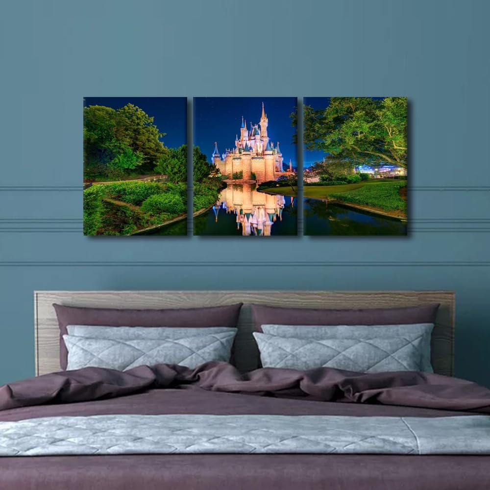 Wall Pictures for Living Room Cinderella's Castle Painting on Canvas 3 Panel Wall Art Modern Artwork Home Decor Giclee Wooden Framed Stretched Ready to Hang Posters and Prints, 36" Wx16 H