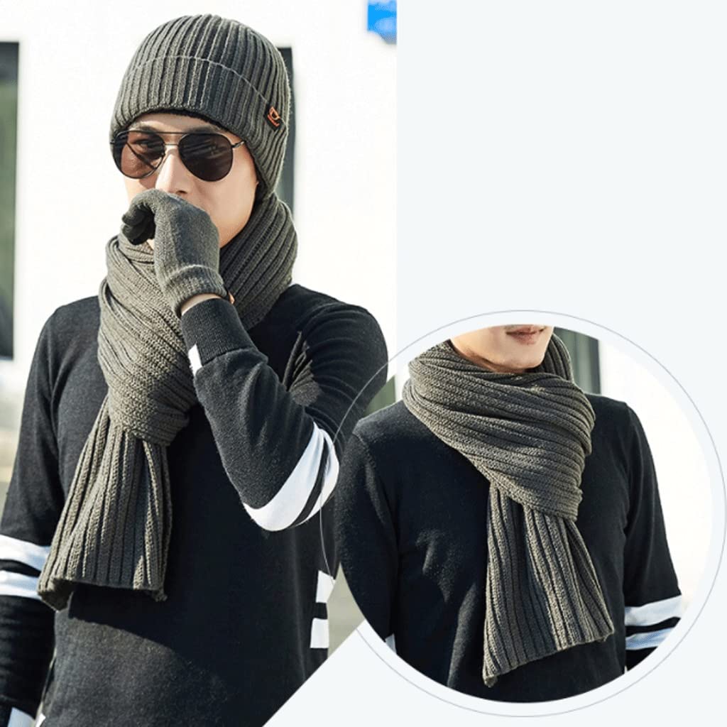 Winter-Strickschal for Männer, Schals Beanie-Hüte und Touch-Screen-Handschuhe-Geschenk-Set, verdicken warme Schal-Set-3-Teile, Feste Farbe (Color : Red)