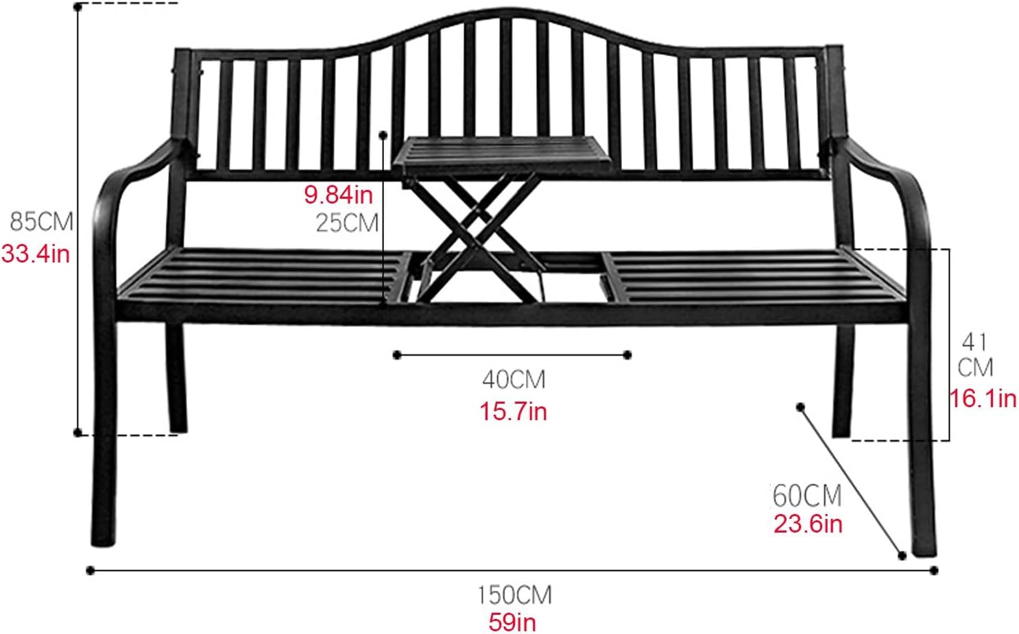 Outdoor Bench Metal Garden Bench Front Porch Bench with Retractable Table,Park Bench Patio Bench Weatherproof with Armrests and Backrest, for Park Garden, Patio and Lounge (Color : Black)