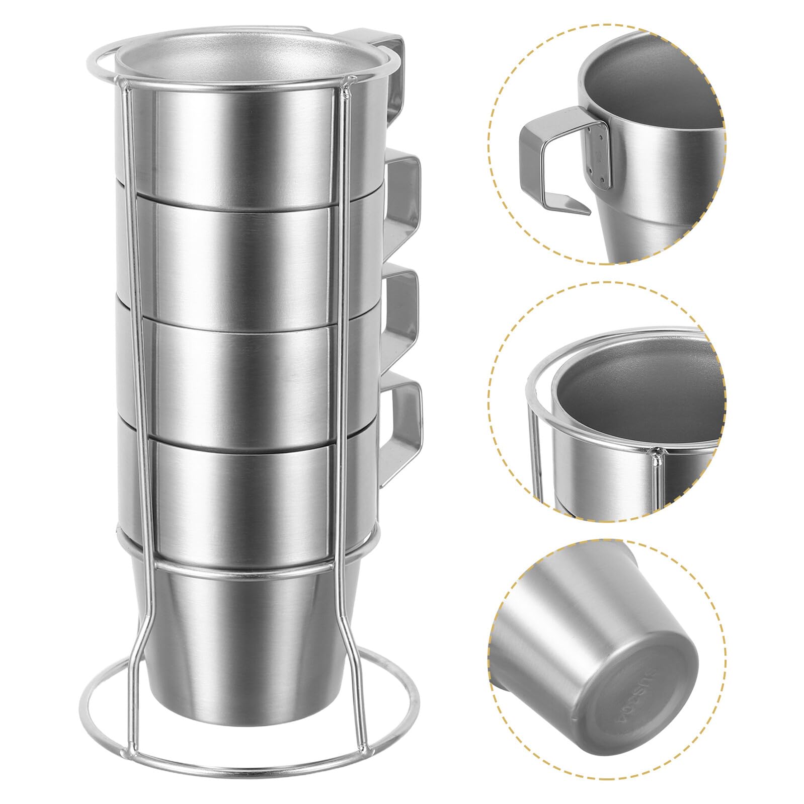 Taza de Café de Acero Inoxidable 300ml con Asa y Doble Pared | Juego de 1 Rejilla, Apilable y Plata, para Hogar y Camping, Resistente a Roturas