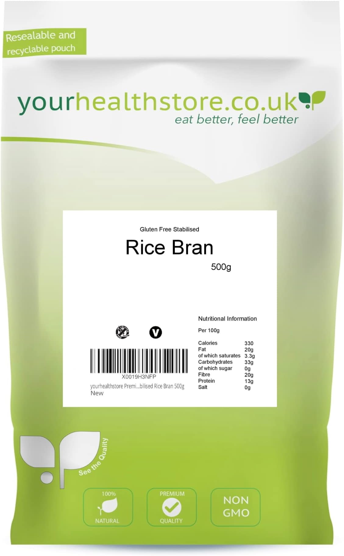 yourhealthstore Premium Gluten Free Non GMO Stabilised Rice Bran 500g