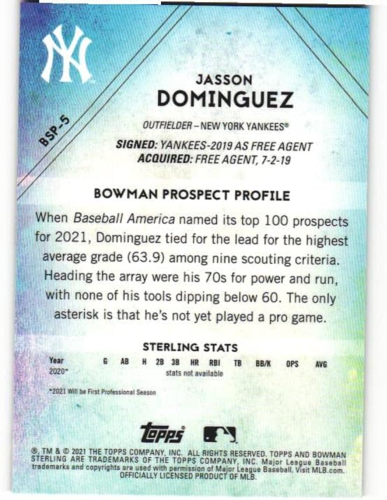 JASSON DOMINGUEZ 2021 Bowman Sterling Prospects #BSP-5 Rookie Card RC New York Yankees Baseball