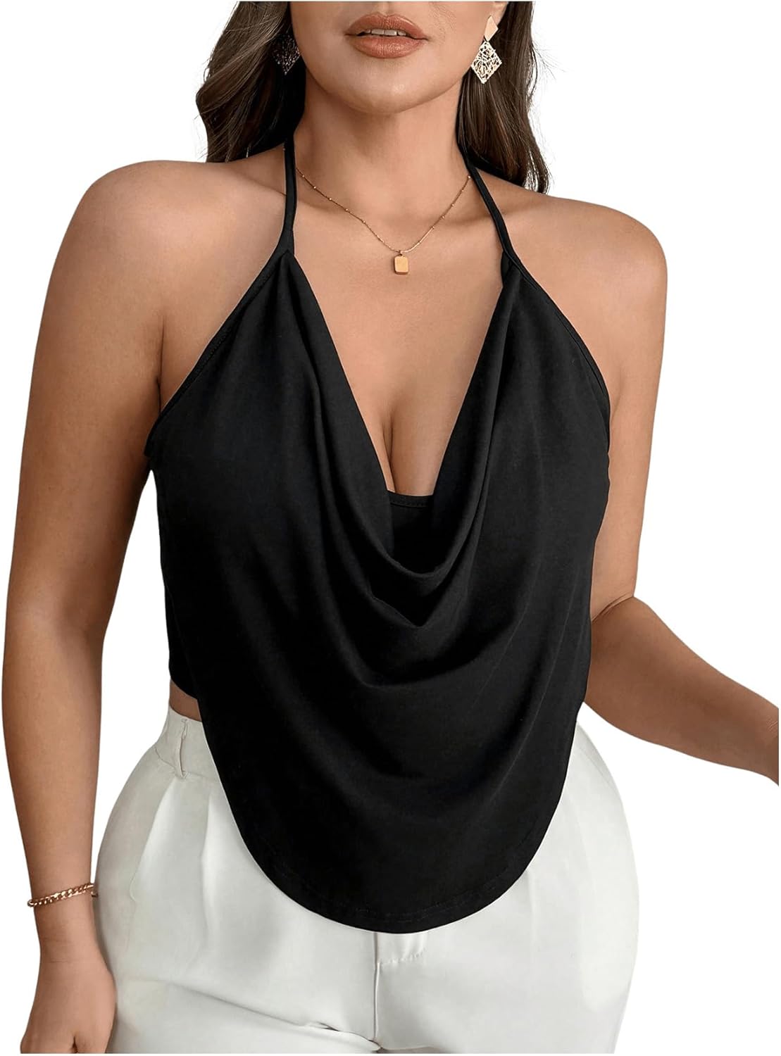 SHENHE Women's Plus Size Draped Cowl Neck Halter Top Sexy Deep V Backless Clubwear Going Out Crop Tops - Image 2
