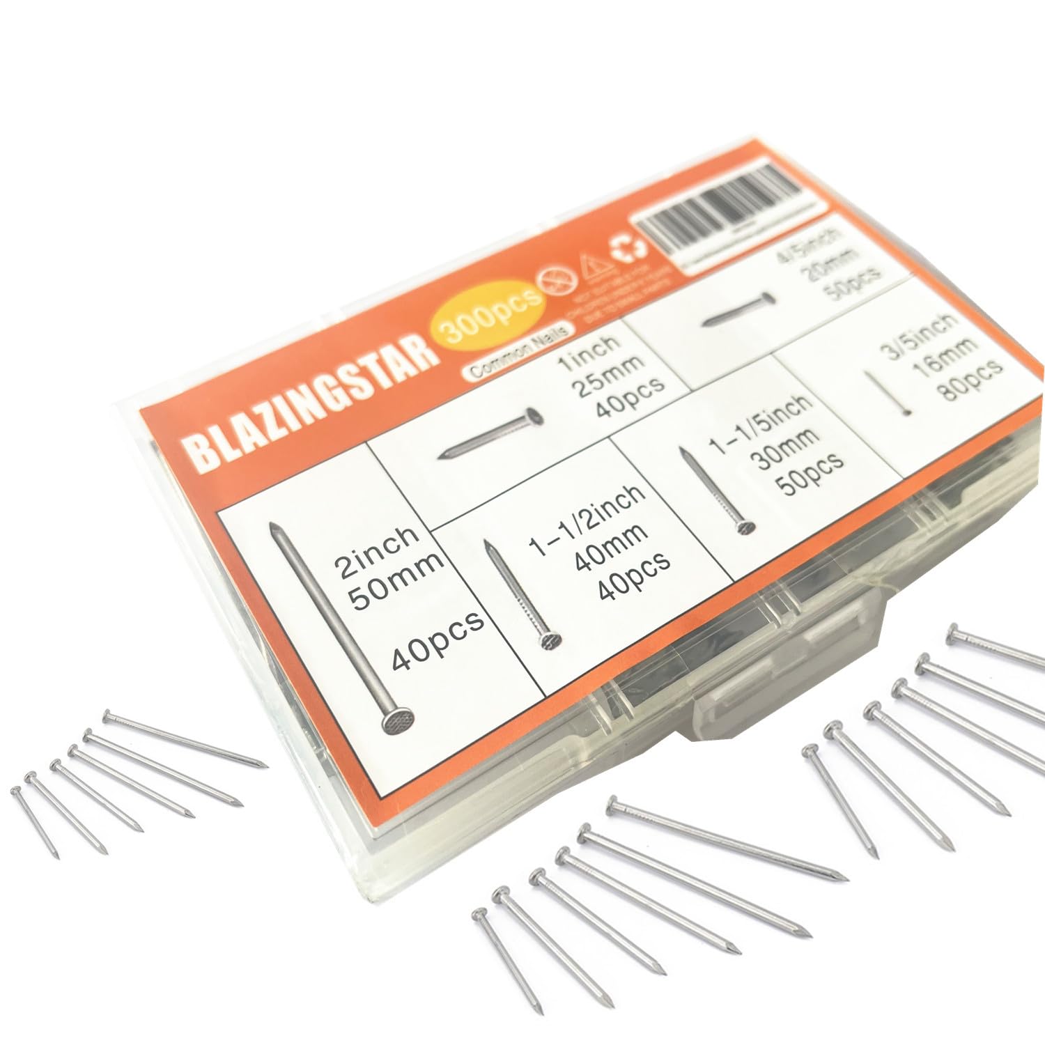 6 Sizes Hardware Nails Assortment Kit, Silver Galvanized Nails, Small Nails, Pin Nails, Finishing Nails, Nails for Hanging, Wall Nails for Hanging Pictures 300PCS