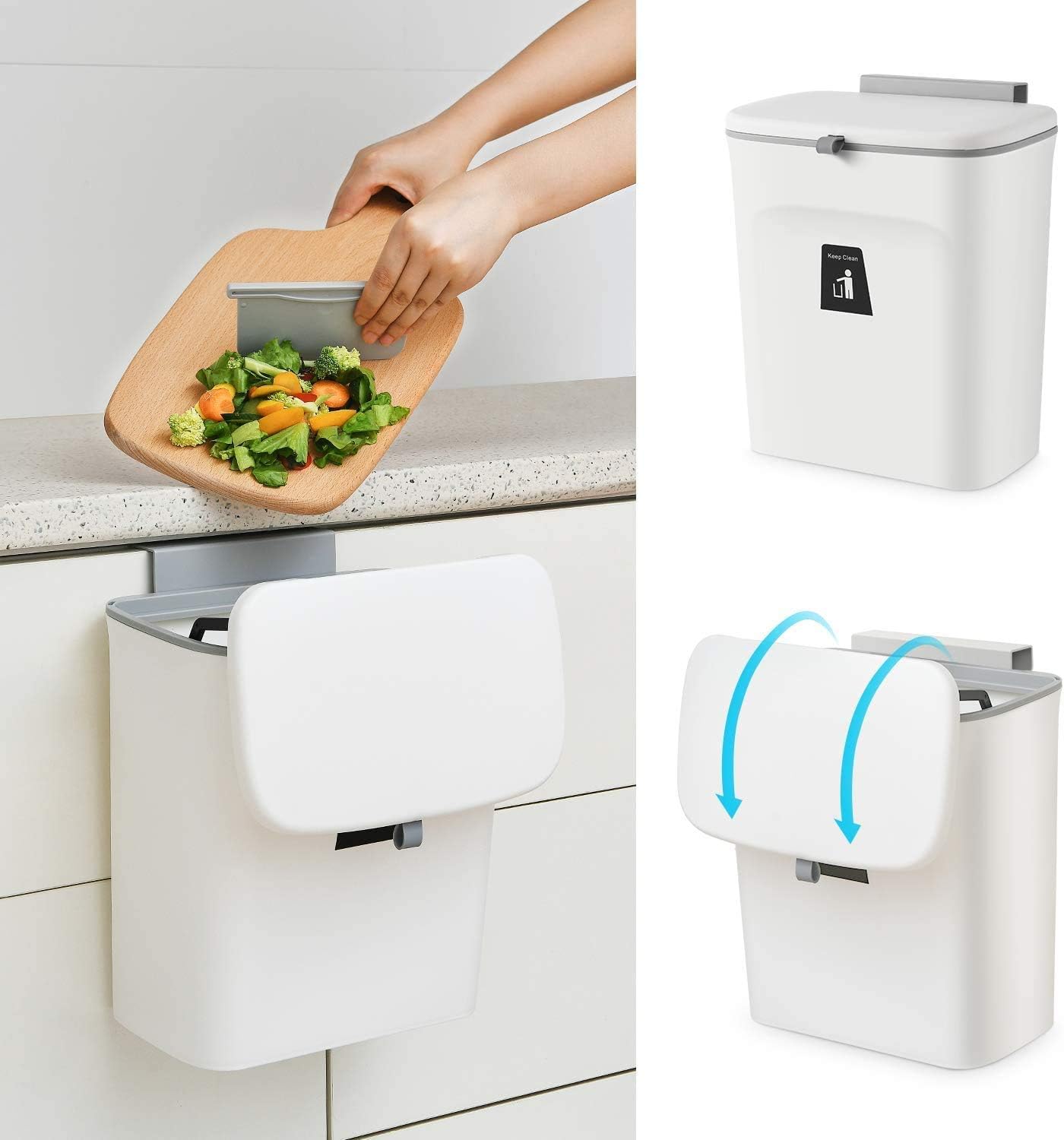 Holahoney 2.4 Gal Hanging Trash Can for Kitchen Cabinet Door with Lid, Small Under Sink Garbage Can for Bathroom, Wall Mounted Counter Waste Trash Bin, Plastic (White)