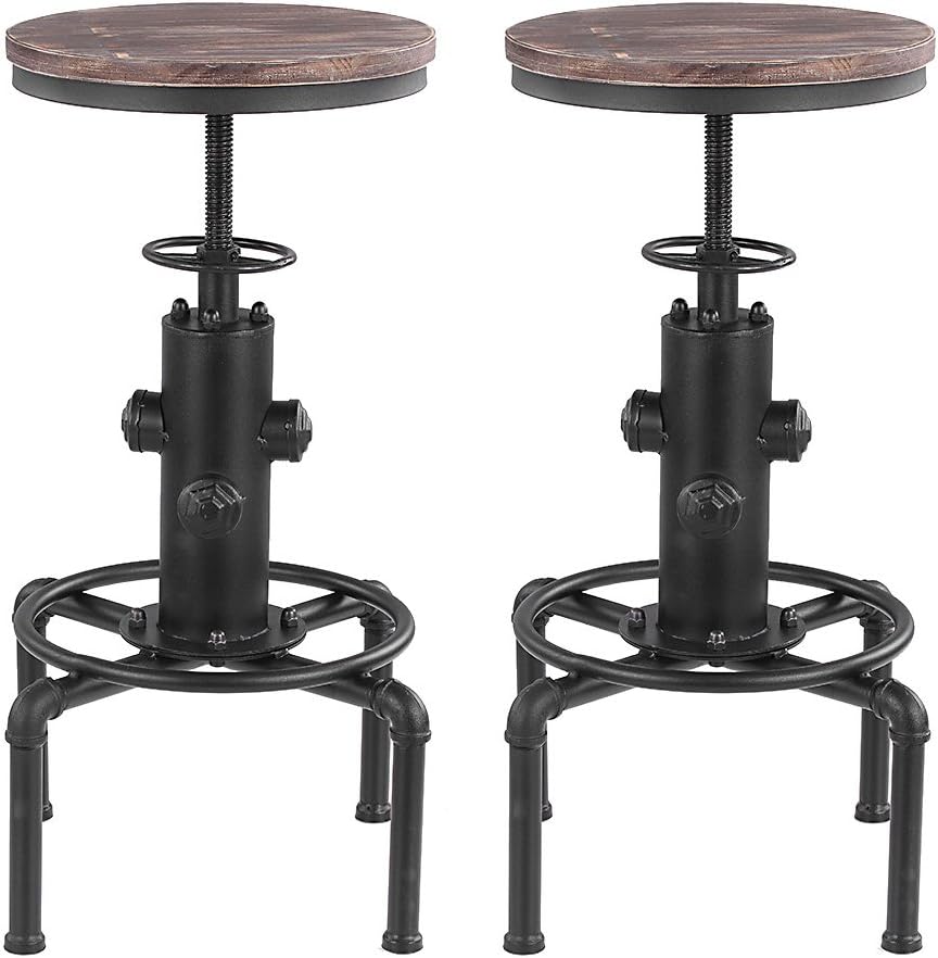 iKayaa Metal Adjustable Industrial Bar Stools Chairs Kitchen 2 pcs Dining Chairs Barstools W/Footrest Swivel Pinewood Top Pipe Style