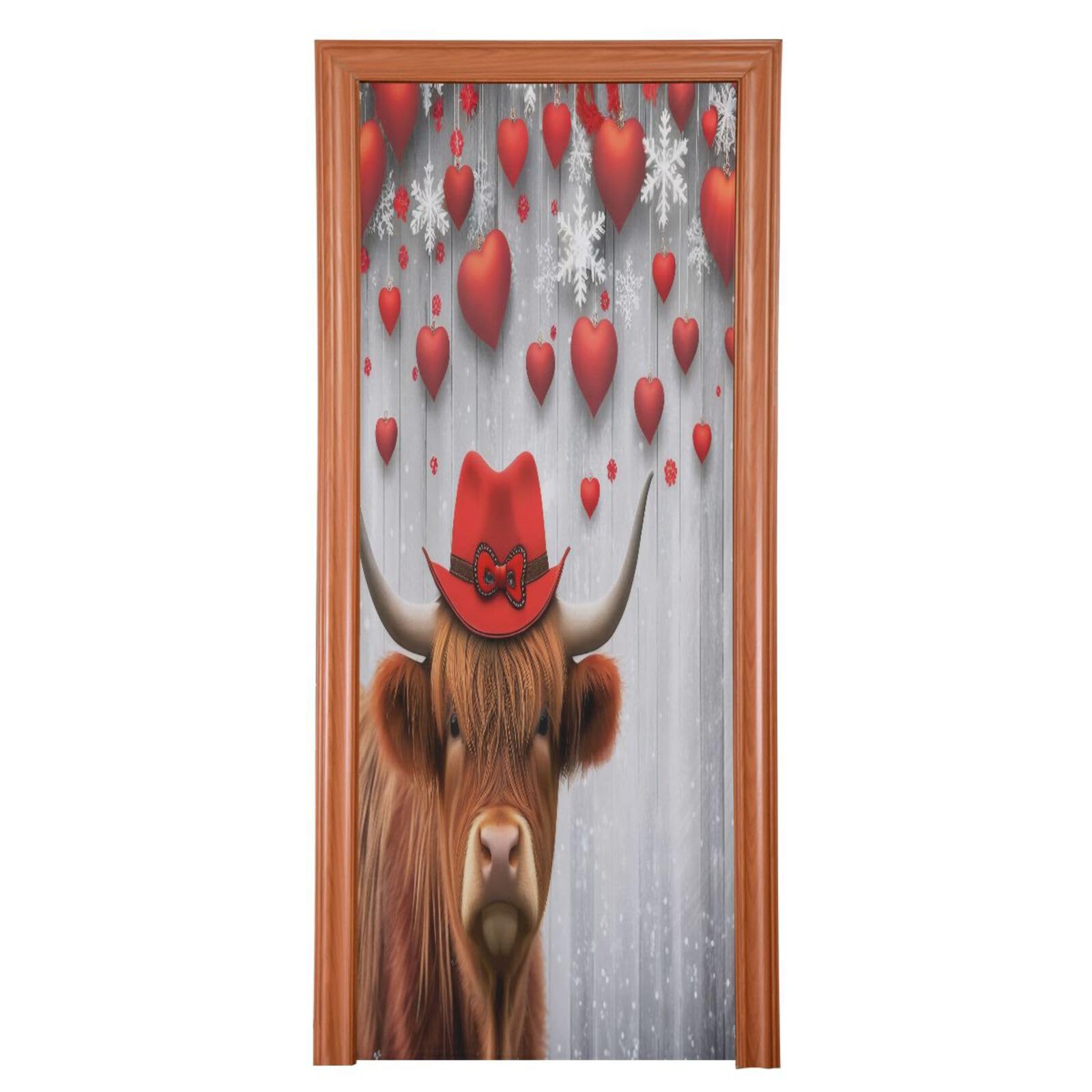FLildon Highland Cow Hanging Hearts Valentine's Day Door Cover Decoration, Party Accessory Porch Decor for Festive Ornament Room Door Covers 32 x 79 Inch