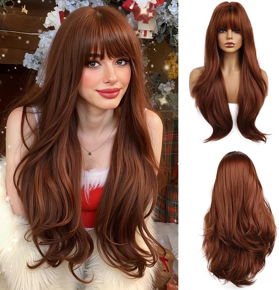 Esmee 26 Inches Long Dark Auburn Wig with Bangs Slightly Curly Hair Ends Natural Synthetic Hair Straight Wigs for Women Daily Party Cosplay Wear..