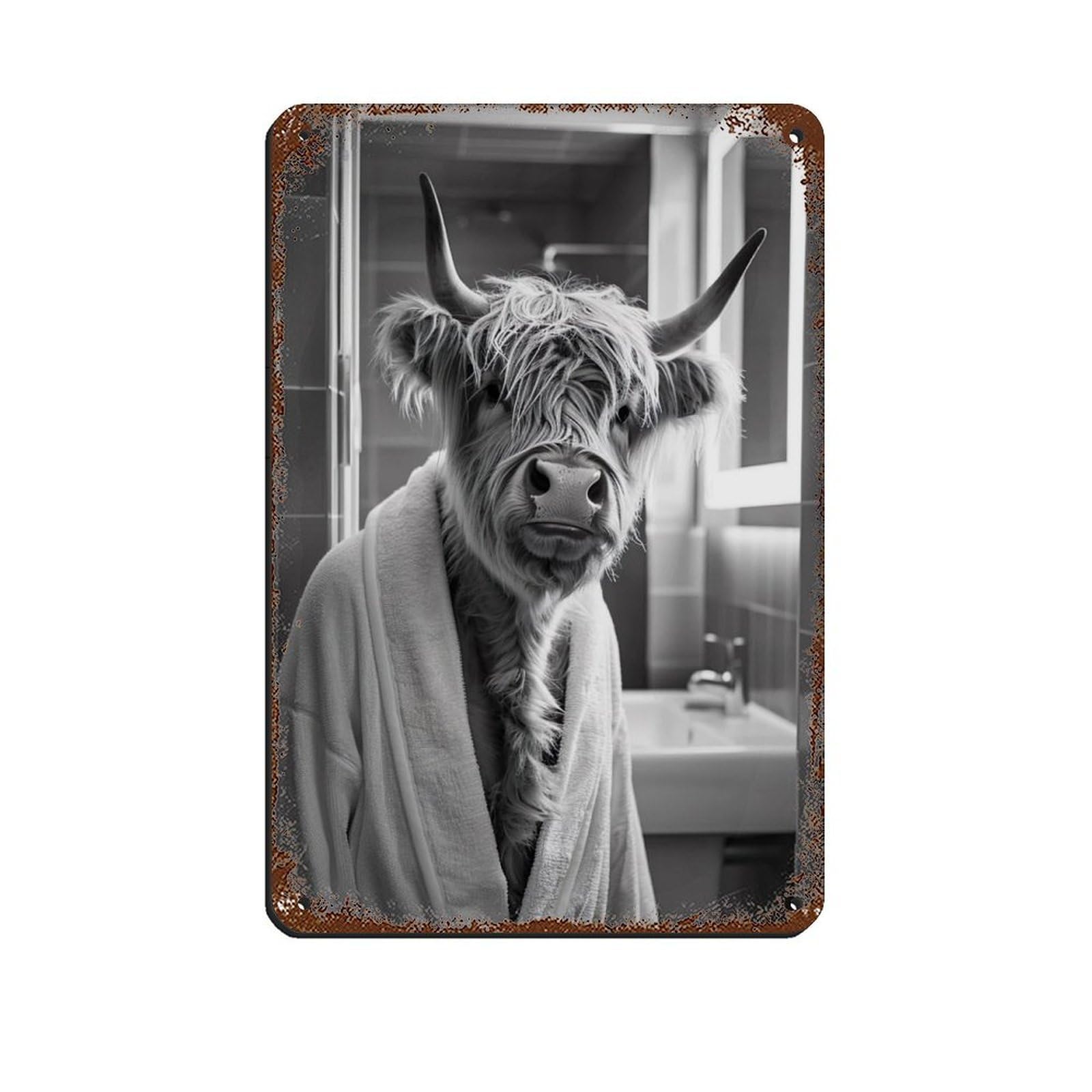 Highland Cow in A Bathrobe, Funny Bathroom Art (2) Retro Poster Metal Tin Sign Chic Art Retro Iron Painting Bar People Cave Cafe Family Garage Poster Wall Decoration 8x12inch(20x30cm)
