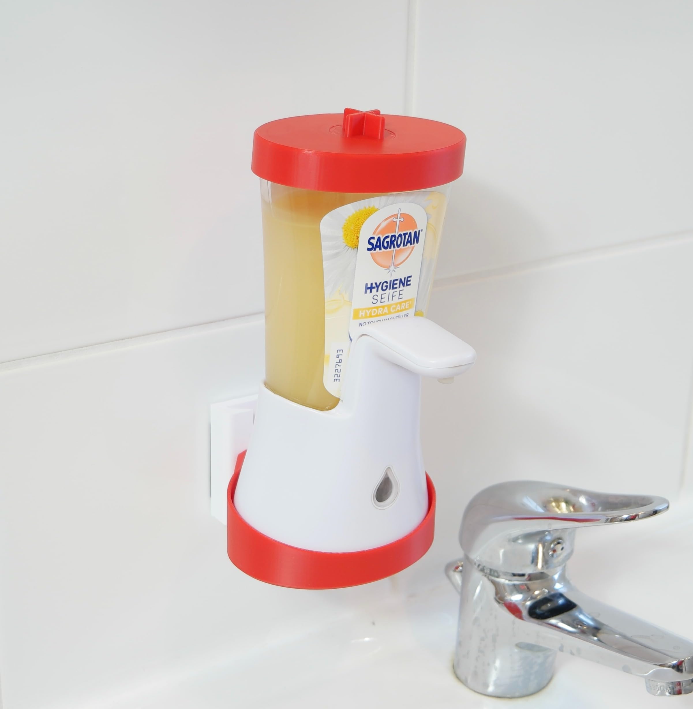Wall Mount Compatible with Sagrotan No Touch Soap Dispenser - with High Performance Adhesive & Screw Set - Firm Grip on Tiles - Residue-Free - Includes Protective Lid Complete Set (Red)